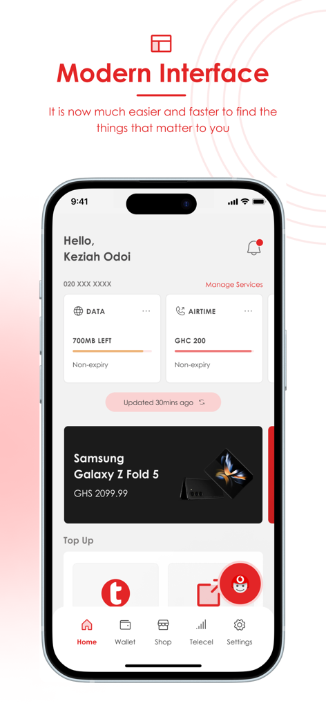 Telecel Play (Ghana) - Telecel Play Ghana app dashboard showing data balance and airtime credits on a modern user interface