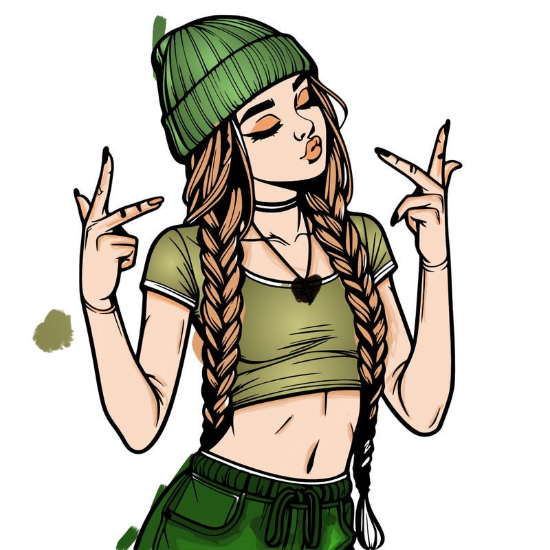 realistic teenage girl with braids and a beanie and crop top doing 🫶🏼