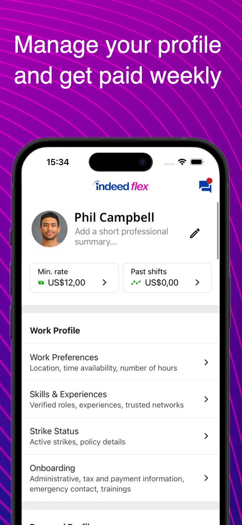 Indeed Flex app interface showing a user profile with work preferences and pay information