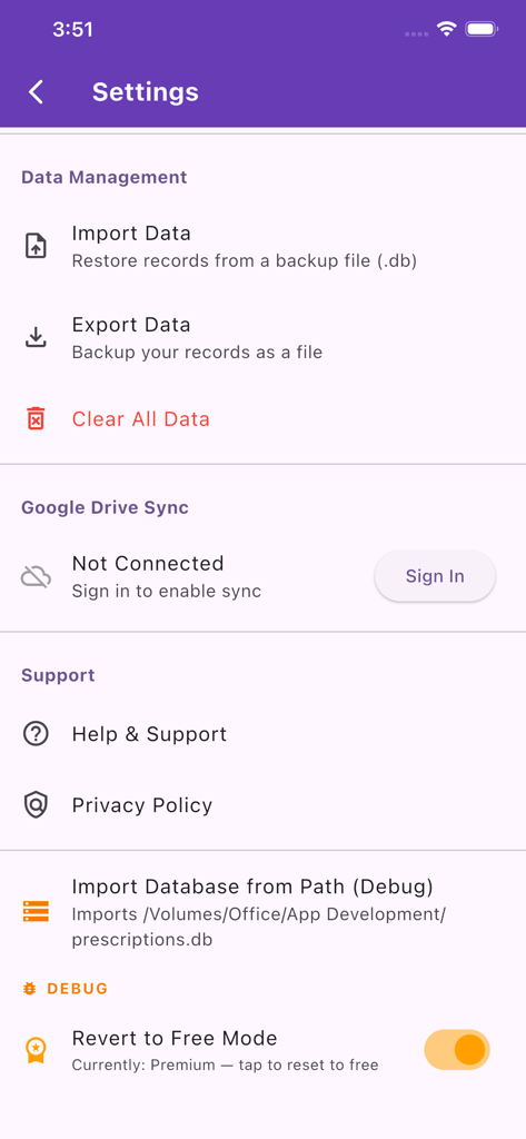 Settings menu for managing medical data backups and cloud sync