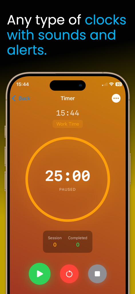 Interfaccia del timer sportivo digitale su un iPhone che mostra un conto alla rovescia di 25 minuti per le sessioni di allenamento