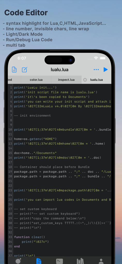 Lua IDE mobile code editor with syntax highlighting and multi tab interface on iPhone