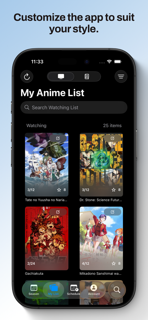 Kitsune for MyAnimeList - The My Anime List section of the Kitsune app showing a grid of anime titles being watched with episode progress