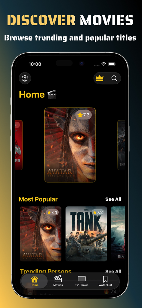 MovieBoxアプリのホーム画面、アバターのような話題の映画タイトルを表示