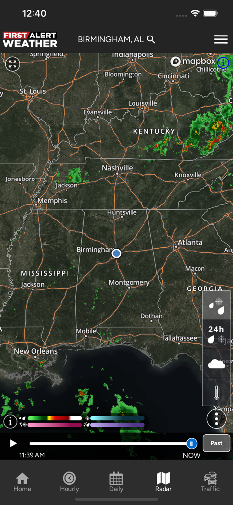 WBRC First Alert Weather - WBRC First Alert Weather app showing a real-time radar map for Birmingham Alabama