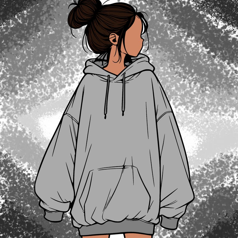 realistic girl with a oversized sweatshirt on and a bun