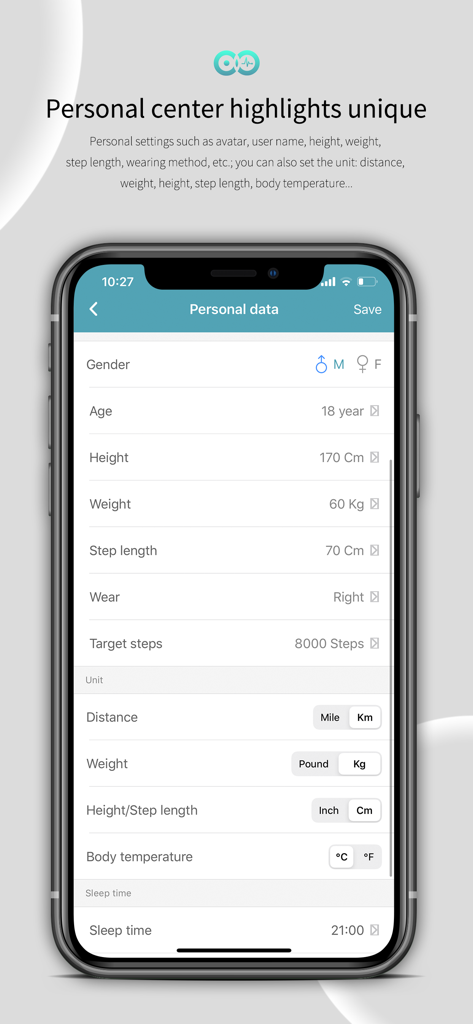 Smartphone screen of the WearFit 2.0 app displaying personal health data settings like age height weight and target steps