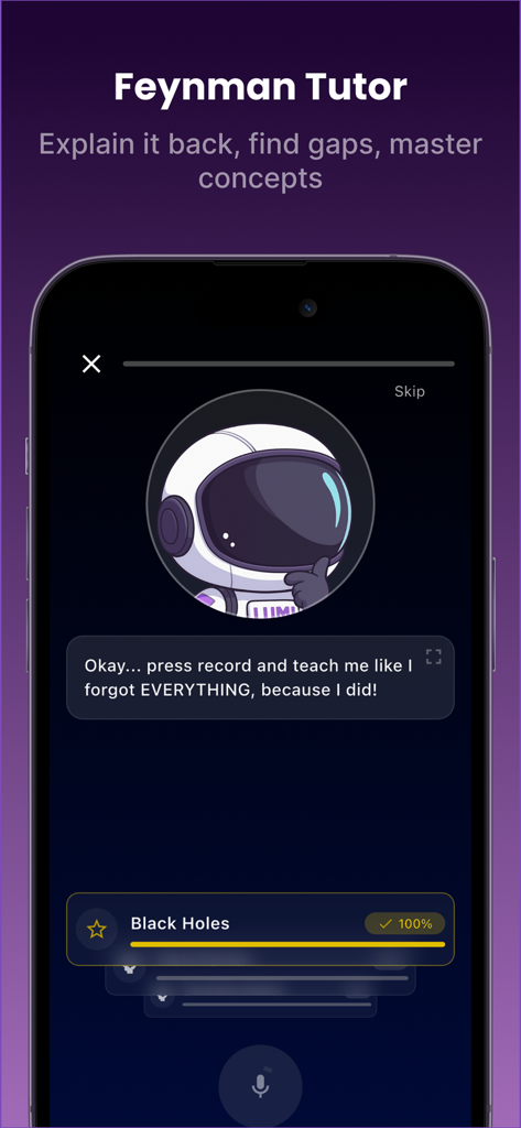 Interface do tutor astronauta Lumi AI para praticar a técnica de Feynman explicando conceitos em voz alta.