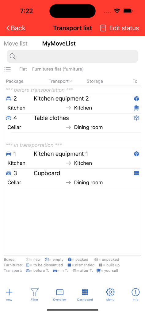 MyUmzug - MyUmzugアプリのインターフェース、ステータス別に整理された引越しボックスと家具の輸送リストを表示
