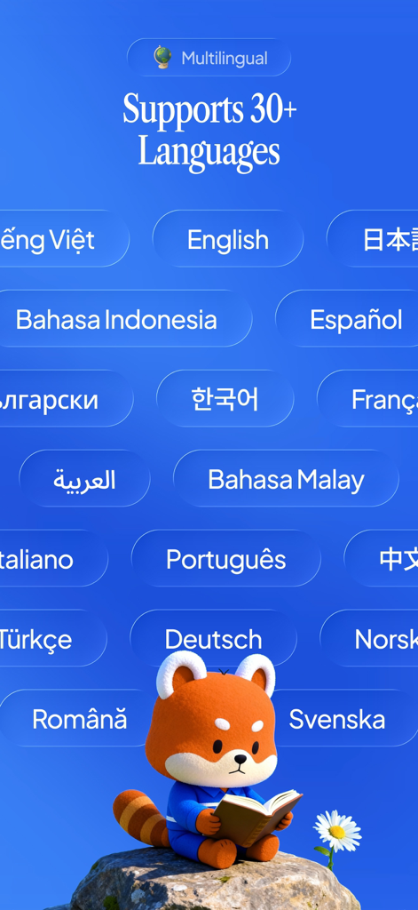 Meeting.ai app screen highlighting support for over 30 languages with a red panda mascot
