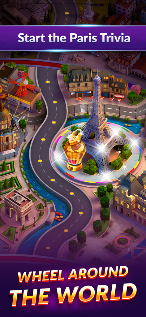 Wheel of Fortune: Show Puzzles - Juego Wheel of Fortune mostrando el mapa de trivia de París con la Torre Eiffel.