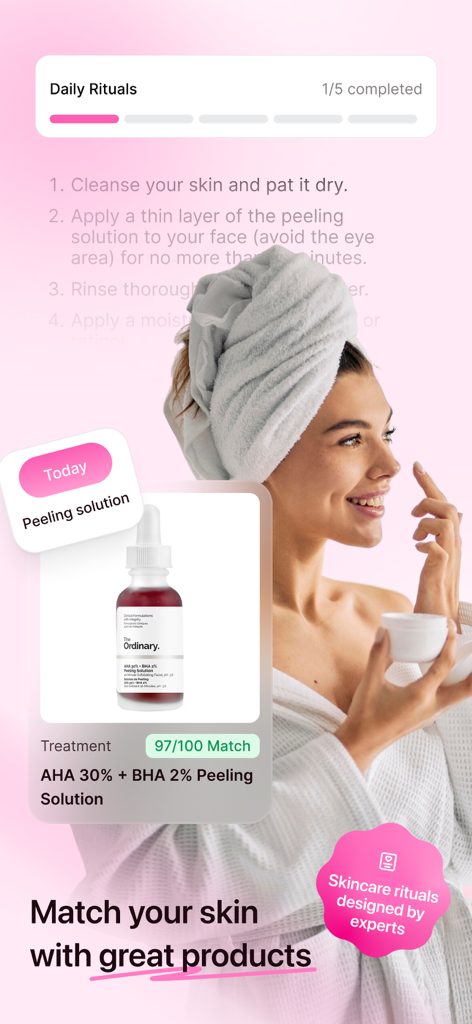 Solvi: Skincare Club - Solvi Skincare Club app interface showing a 97 percent product match for a peeling solution and a daily skincare ritual guide.