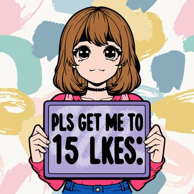 realistic girl holding up a sign that says “pls get me to 15 likes!”