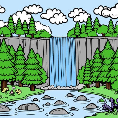 sky, forest, waterfall