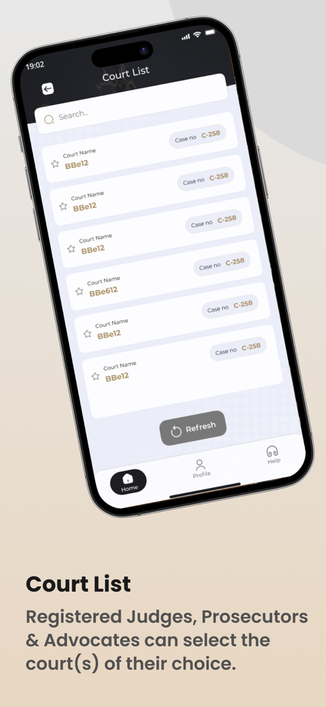 Vconsol Court HC Bombay - 法務専門家向けの裁判所と事件番号のリストを表示するVconsol Court HC Bombayアプリを示すスマートフォンの画面。
