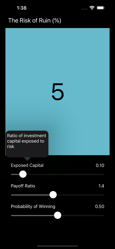 Mobile interface of the RuinRisk app showing the risk of ruin calculation with adjustable sliders for capital and payoff ratio
