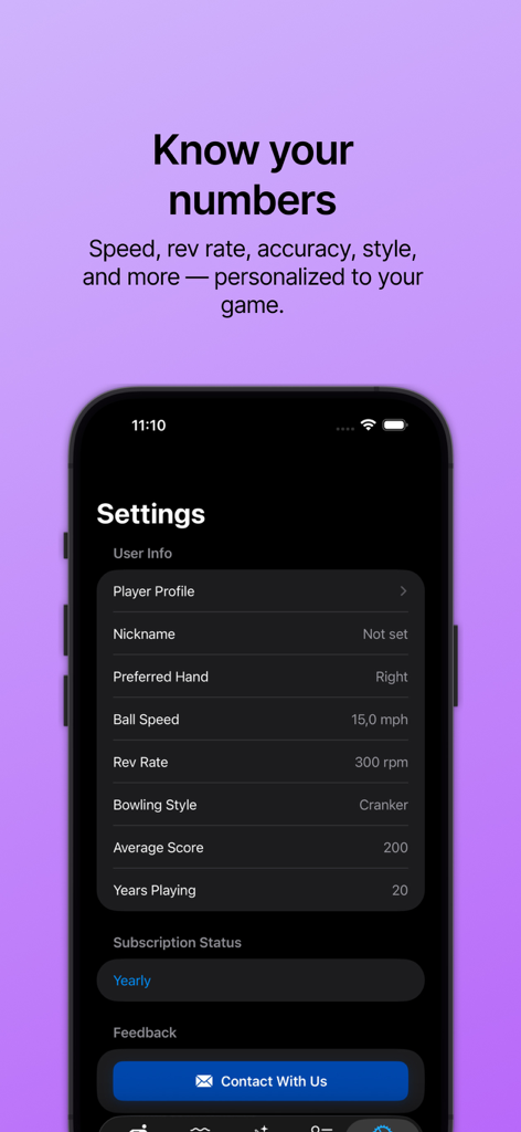 AI Bowling - AI Bowling app settings screen showing player profile data including ball speed rev rate and bowling style