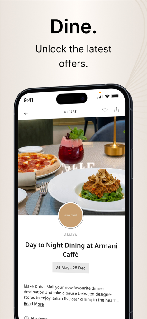 아르마니 카페에서의 다이닝 혜택을 위한 두바이 몰 앱 화면
