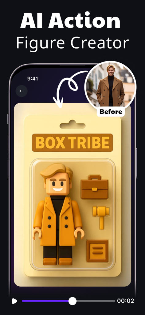 AI Video Generator: VIDIOAI - App interface showing the AI Action Figure Creator feature transforming a real person into a custom toy figure in a box