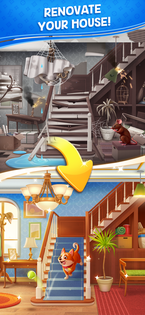 Jess' Stories - Life Adventure - Before and after home renovation scene showing a dilapidated room transformed into a clean modern interior in Jess Stories