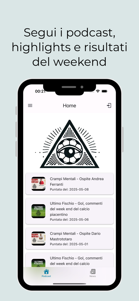 Interfaz de la aplicación PlayGo que muestra una pantalla de inicio con una lista de podcasts deportivos y resultados del fin de semana