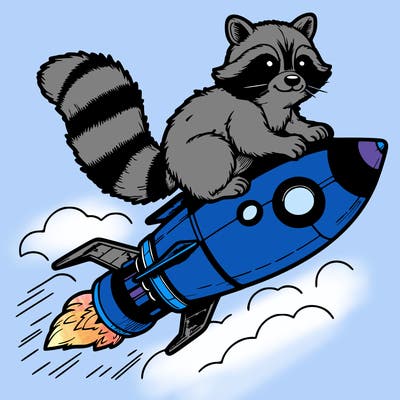 realistic raccoon flying on top rocket ship