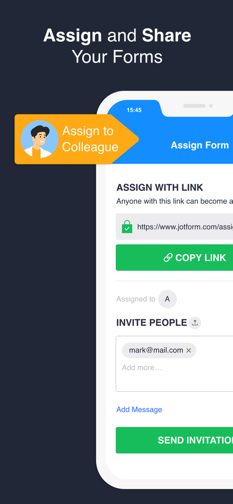 Jotform Health - Medical Forms - Interface showing how to assign and share medical forms with colleagues via link or email invitation