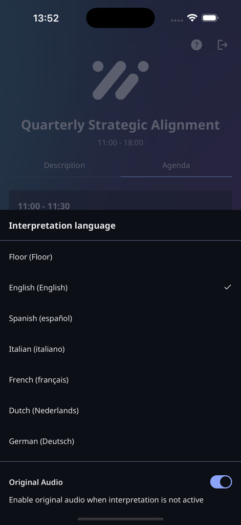 Interactio - Interpretation language selection menu in the Interactio app showing several language options for a corporate event.