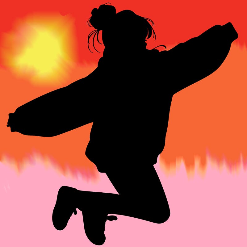 realistic girl jumping with a bun and oversized sweatshirt