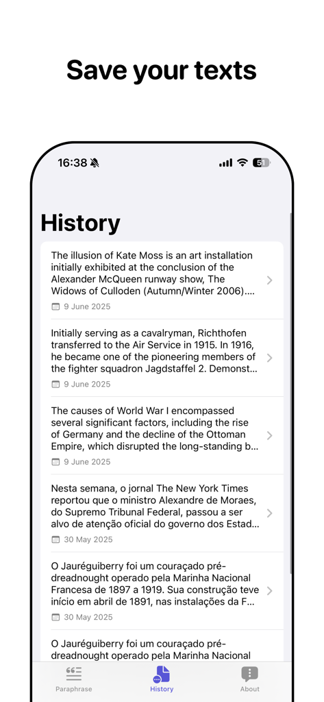 Paraphrase AI Tool - Rewriter - History screen of the Paraphrase AI app displaying a list of saved rewritten texts with their creation dates.