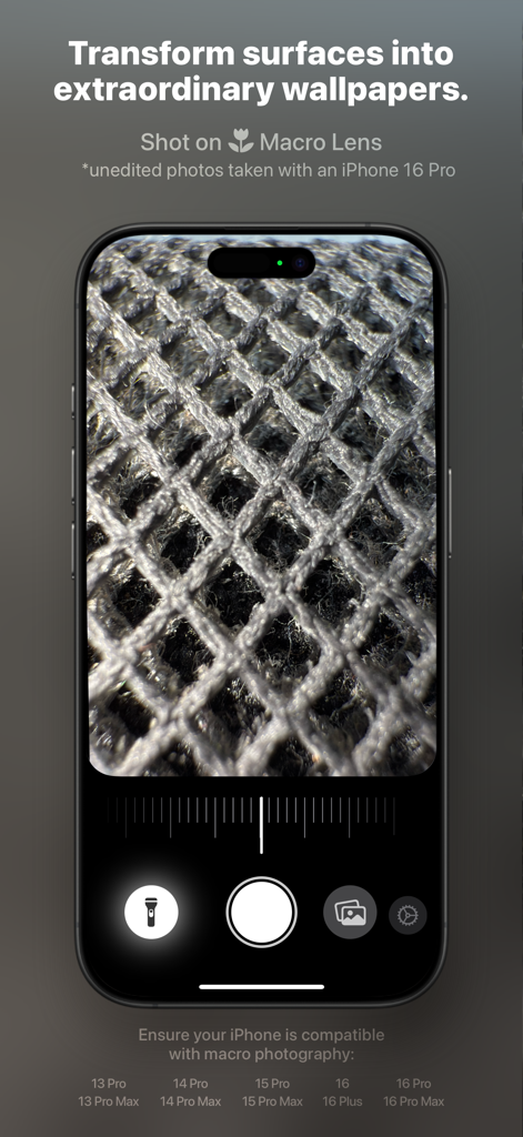 Macro Lens - Photographie macro d'une surface en maille grise à l'aide de l'application Macro Lens sur un iPhone
