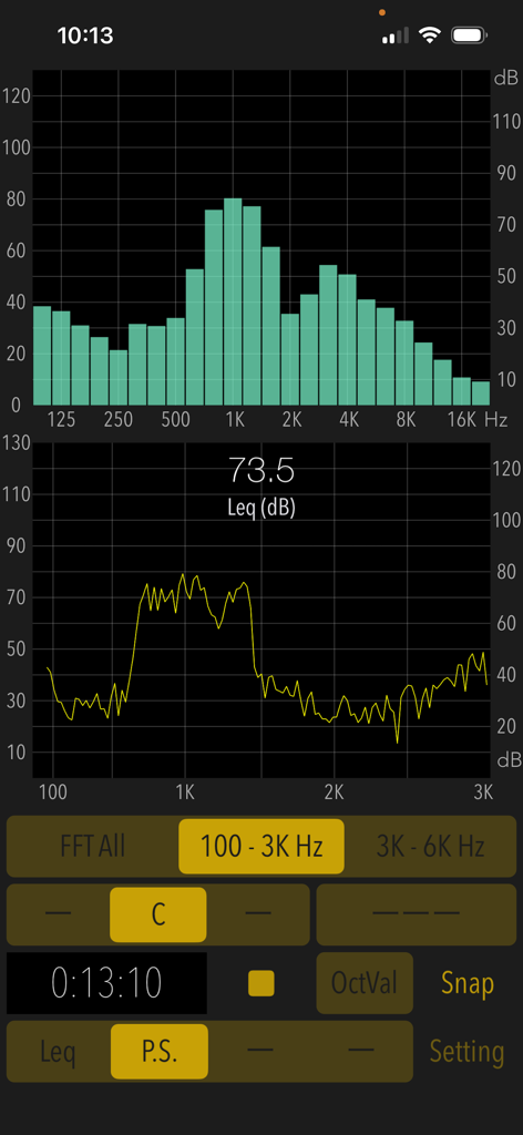 Sound Level Analyzer PRO - Interface of Sound Level Analyzer PRO showing real-time frequency spectrum analysis and decibel levels