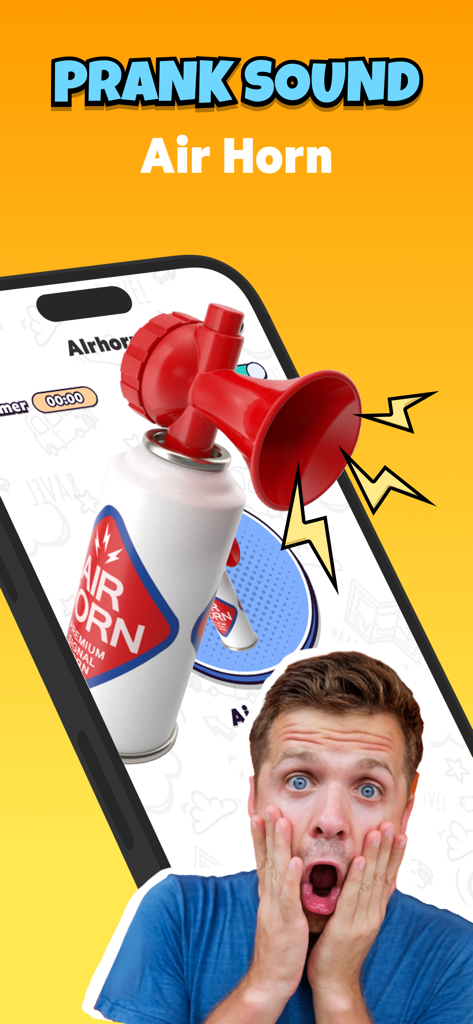 Prank - Funny Sounds,Simulator - Una pantalla de teléfono inteligente que muestra una función de sonido de broma de bocina de aire junto a un hombre con expresión de asombro.
