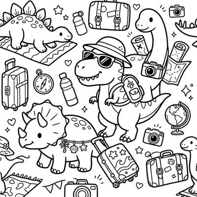 Embark on a prehistoric journey with this delightful coloring page featuring playful dinosaurs enjoying a sunny vacation. Kids will love bringing these globetrotting creatures and their travel gear to life with vibrant colors.