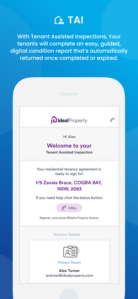 Proptech Labs Property Manager - Mobile app screen showing the Tenant Assisted Inspection feature for property managers and tenants