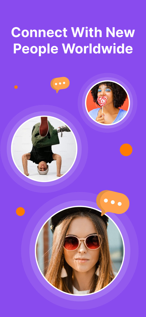 Parlor: The Social Talking App - Uma tela promocional para o aplicativo Parlor mostrando três fotos de perfil e o título Conecte-se com Novas Pessoas Mundialmente.