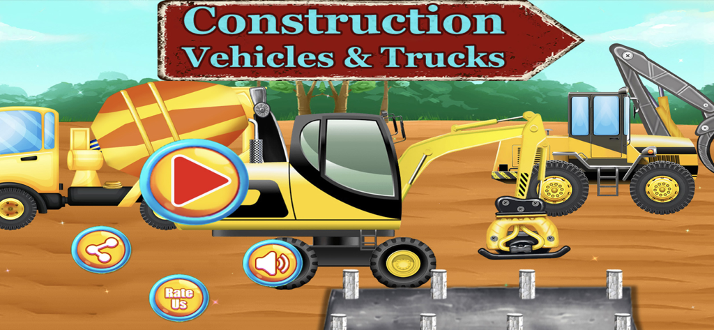 Main menu screen for Build House Construction Games featuring colorful trucks and excavators