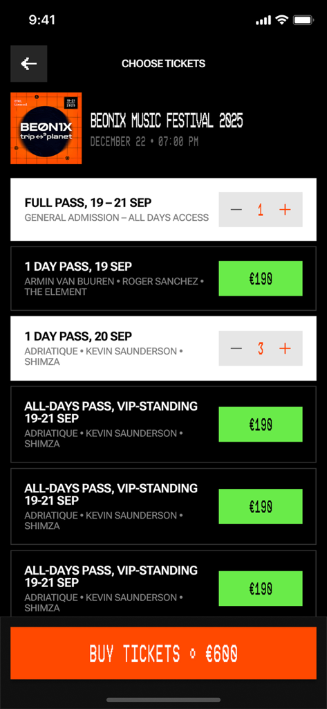 ETKO — Events & Tickets - Mobile app interface showing ticket options and prices for the BEONIX Music Festival.
