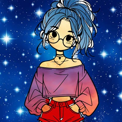 girl with a messy ponytail glasses a baggy crop top and jean shorts