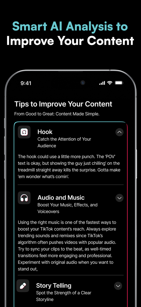 Go Viral: AI Video Analysis - Interface de l'application Go Viral montrant des astuces générées par l'IA pour améliorer les introductions vidéo, l'audio et la narration.