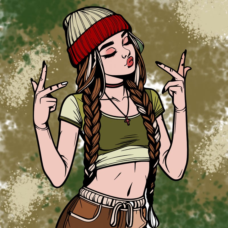 realistic teenage girl with braids and a beanie and crop top doing 🫶🏼