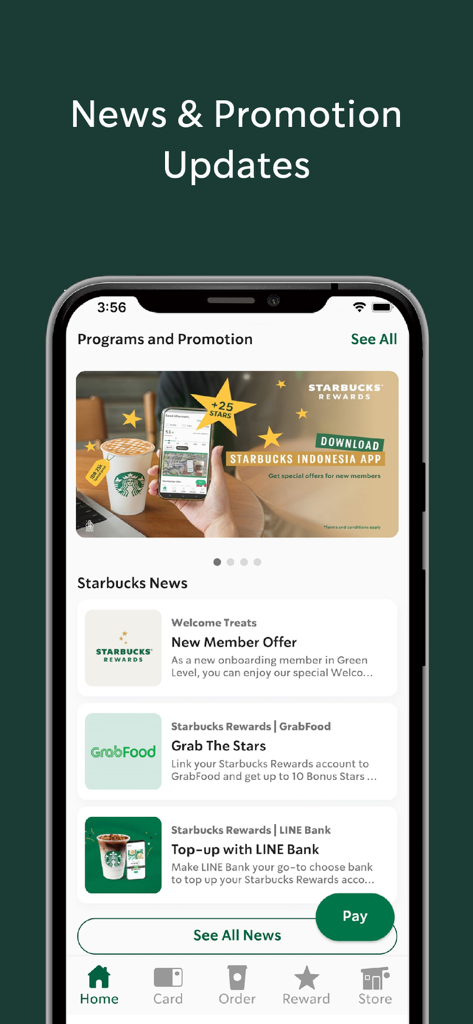 Pantalla de la aplicación móvil Starbucks Indonesia que muestra actualizaciones de noticias y promociones