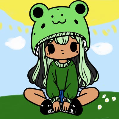 a girl wearing a frog hat and some frog socks