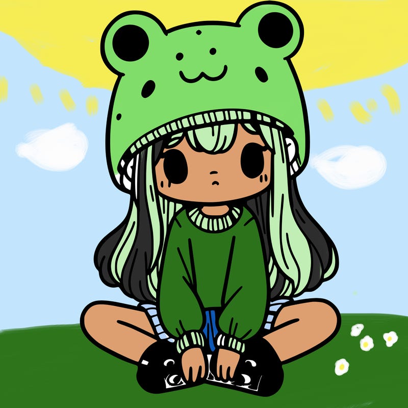 a girl wearing a frog hat and some frog socks