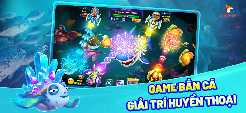 ZingPlay game giải trí-Cá béo - Jugabilidad del juego de disparar peces ZingPlay Ca Beo con un tiburón gigante y coloridos animales marinos