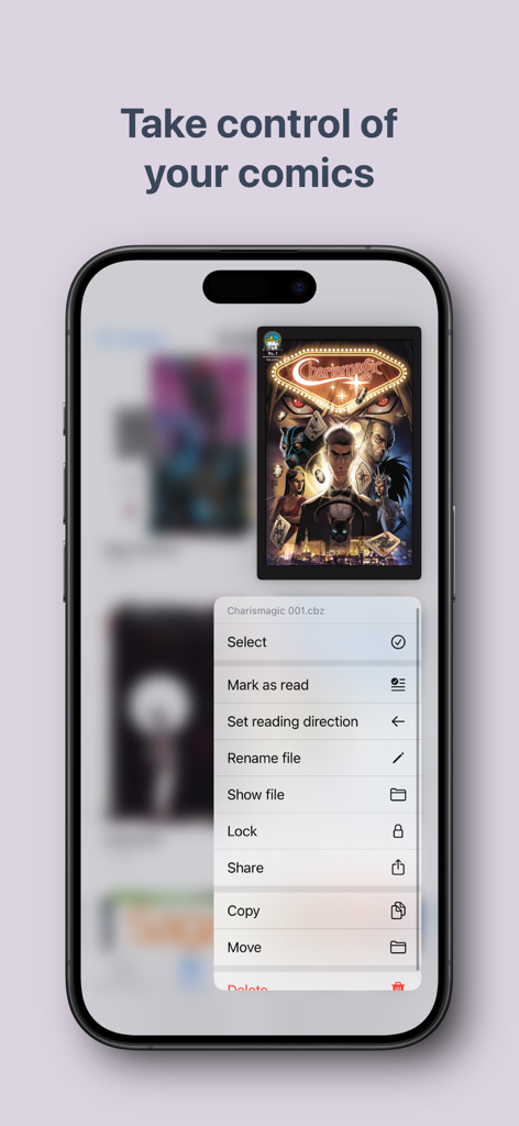 Écran d'iPhone affichant l'application Panels avec un menu contextuel pour organiser les fichiers de comics, incluant les options de verrouillage, de partage et de changement de sens de lecture.