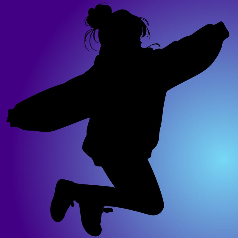 realistic girl jumping with a bun and oversized sweatshirt