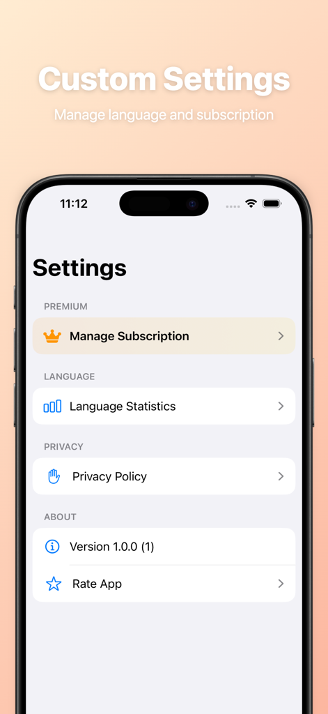 Global Translate-AI Translator - Settings screen of the Global Translate AI app showing options for subscription management and language statistics