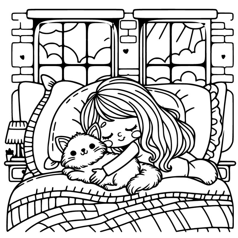 girl lying in bed cuddling a fluffy cat with big room