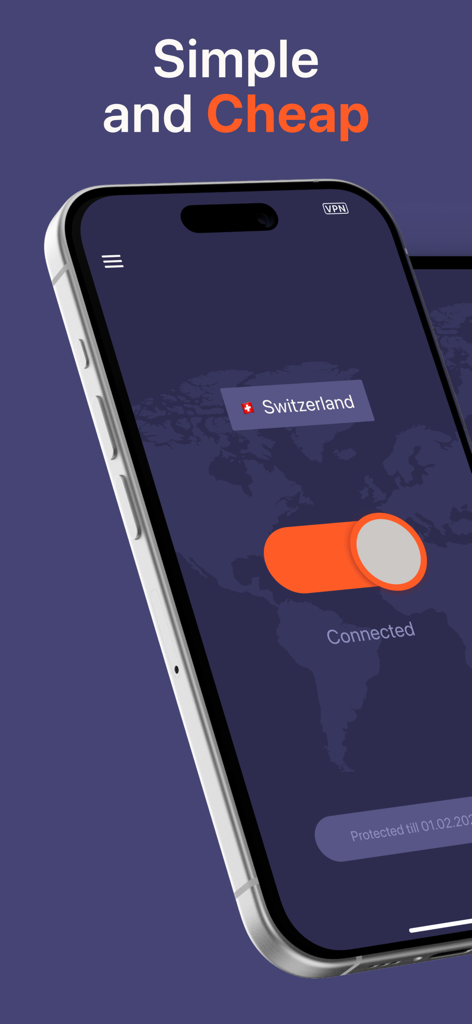 Red Shield VPN - Red Shield VPN app on iPhone showing connected status to a Switzerland server with a simple toggle switch